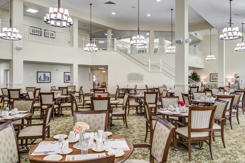 The dining room at Sterling Heights set for mealtime